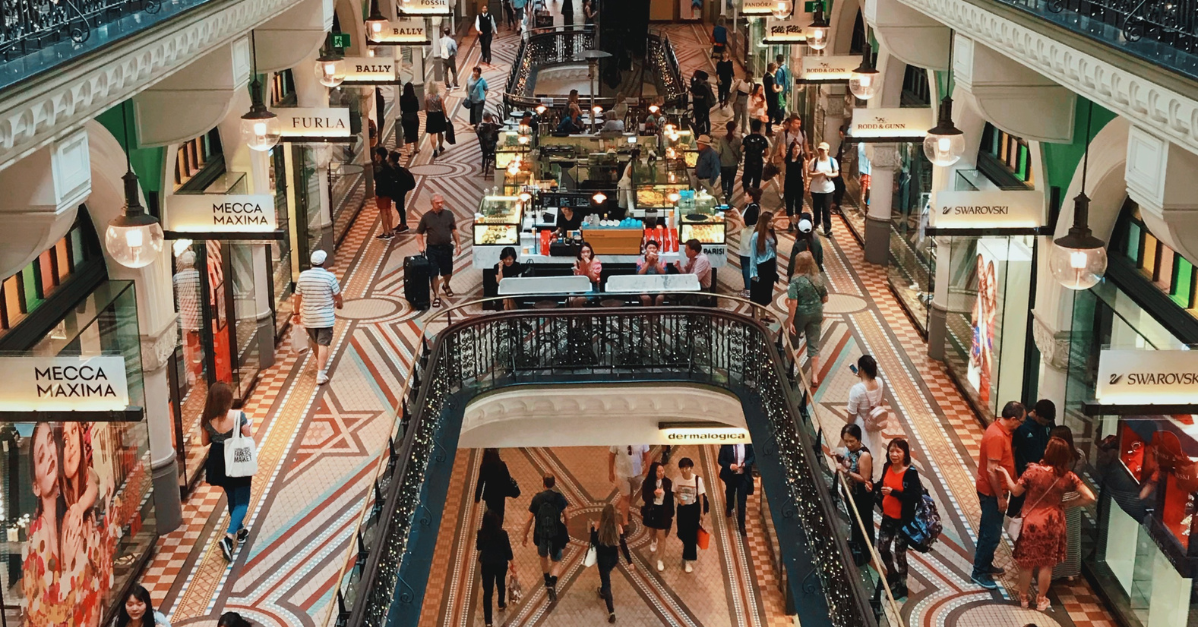 (overview of a busy mall)