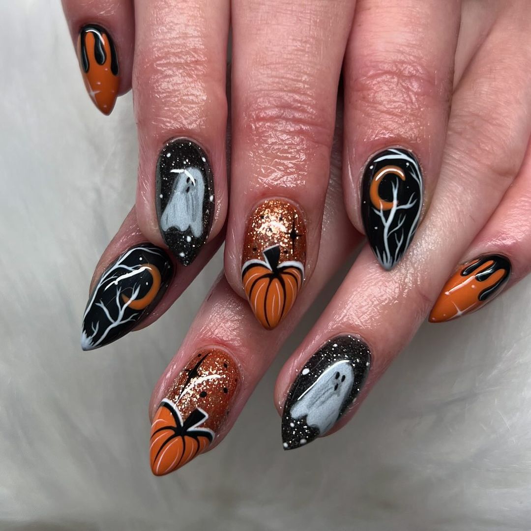 Close-up of a person's hands with black nails having Holiday-Themed Nails