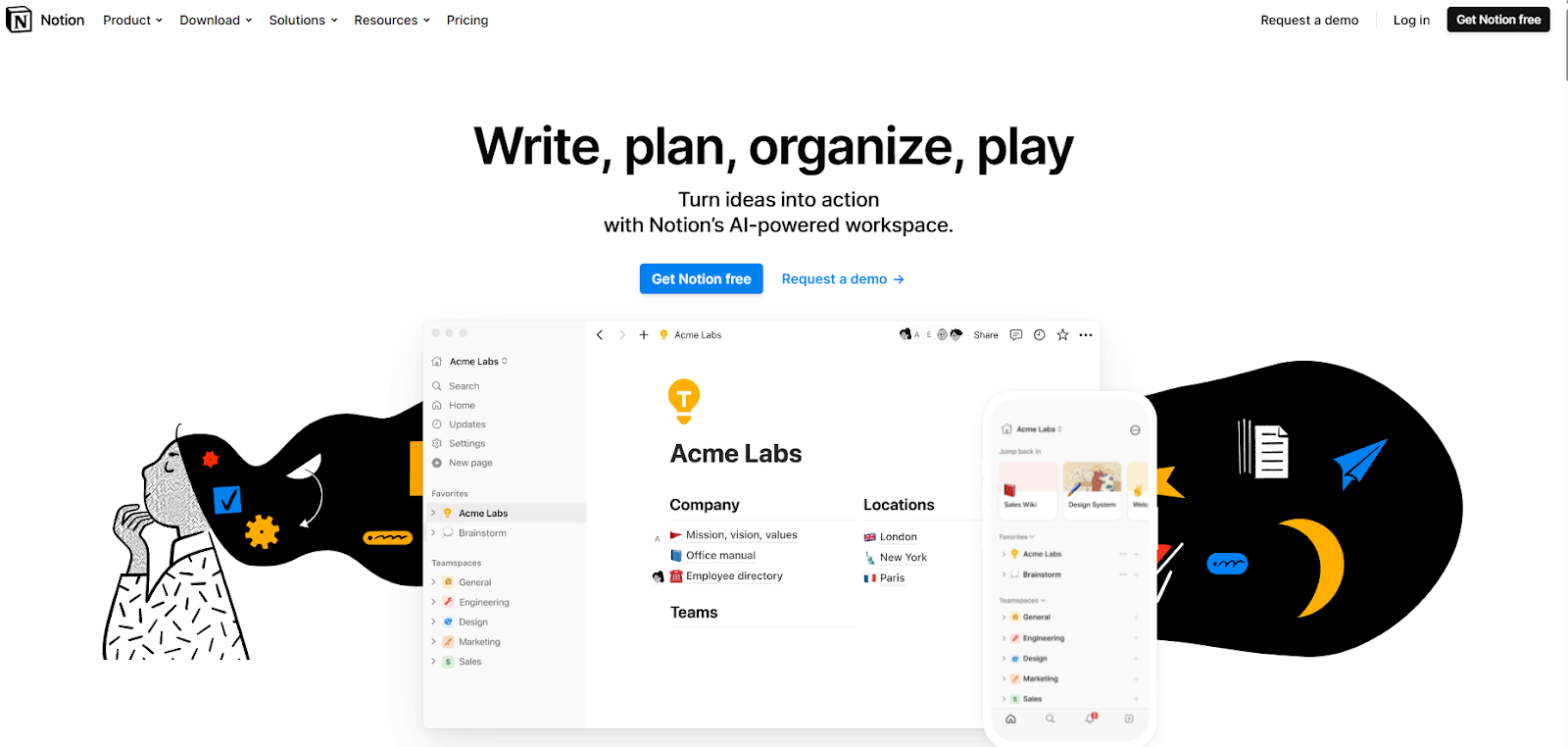 A screenshot of the Notion website home page. The headline reads, "Write, plan, organize, play"