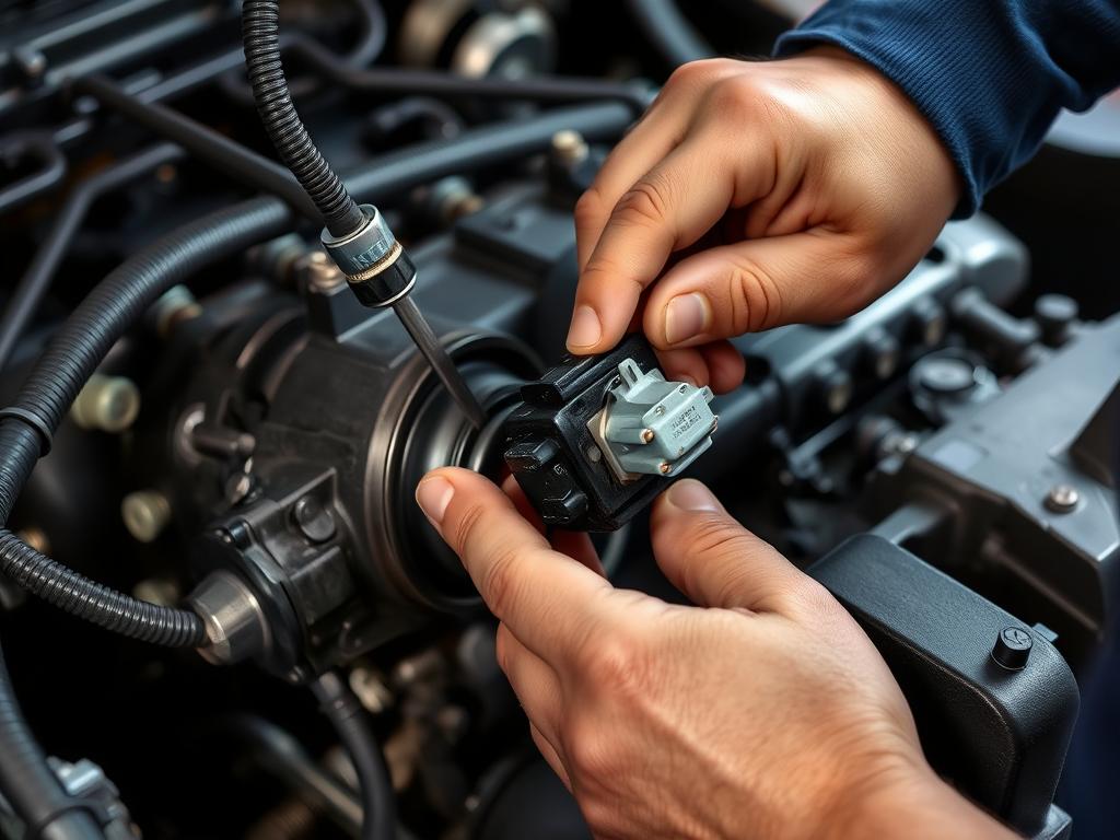Mechanic replacing a crankshaft position sensor on an engine