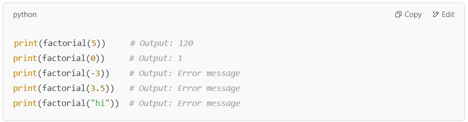 Factorial function testing with multiple inputs.