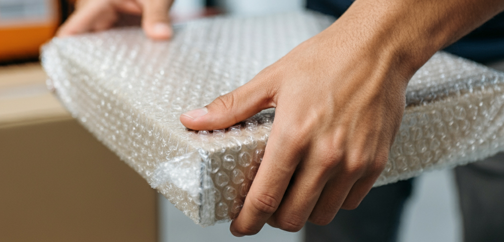 Laptop being placed into a padded protective sleeve for safe shipping.