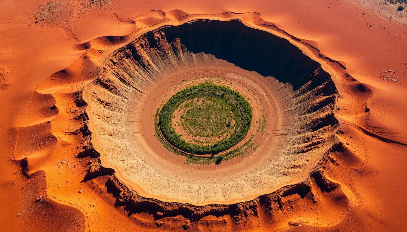 Aerial view of Wolfe Creek Crater in Western Australia showing its circular formation in the desert landscape