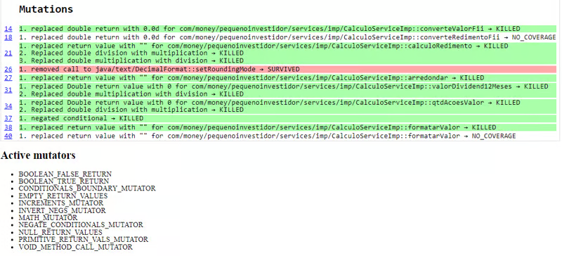 Image description: This is an image from the article on mutation testing. A PITest mutation report lists the mutations applied to the code and their results. The "Mutations" section shows the changes made, such as replacing or removing code, and whether the tests detected these mutations (KILLED, SURVIVED, or NO_COVERAGE). Most mutants were eliminated, though some survived or lacked coverage. The "Active mutators" section lists the types used, such as BOOLEAN_FALSE_RETURN and VOID_METHOD_CALL_MUTATOR.