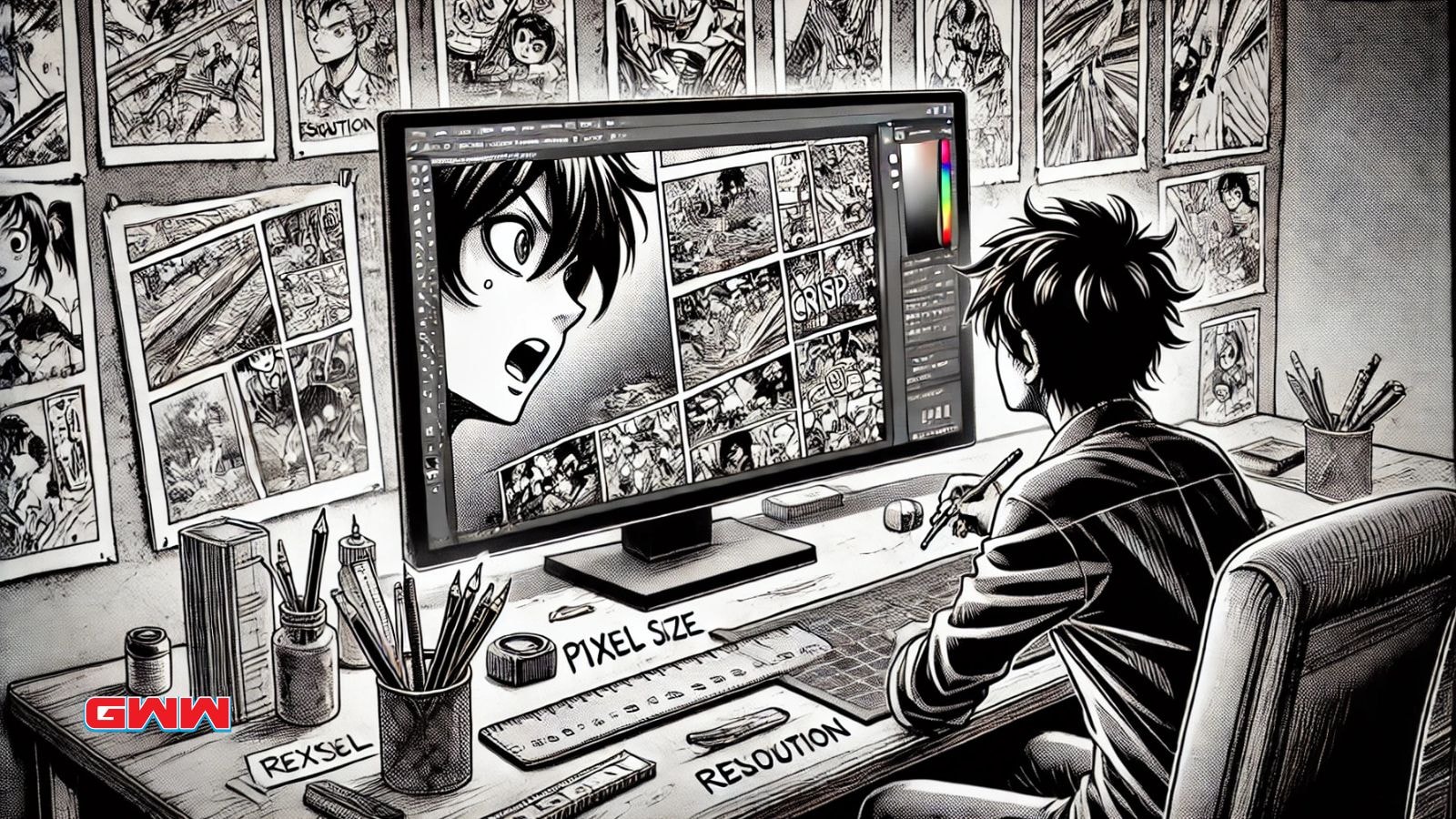 Manga creator reviewing pixelated panels on a large monitor for resolution.