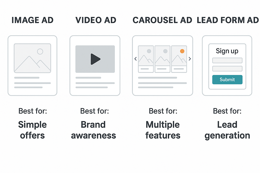 Horizontal comparison of four ad types—Image, Video, Carousel, and Lead Form—each with a consistent layout, label, and ideal use case