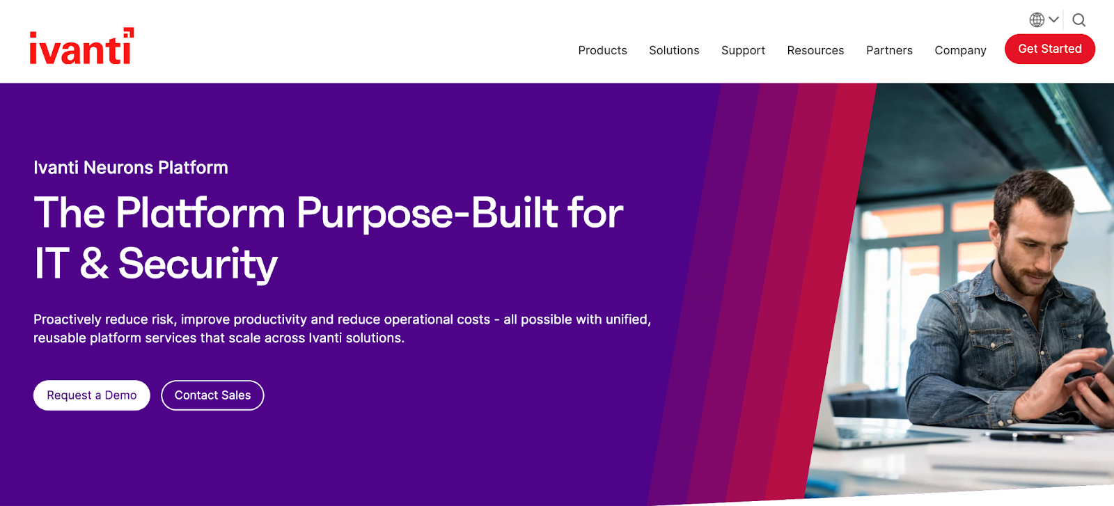 Ivanti homepage picture. It says, "The Platform Purpose-Built for IT & Security."