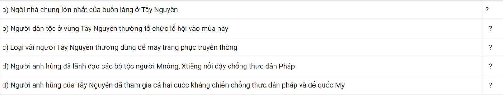 BÀI 21: MỘT SỐ NÉT VĂN HÓA VÀ LỊCH SỬ CỦA ĐỒNG BÀO TÂY NGUYÊNKhởi độngCâu hỏi: Em hãy cho biết bạn học sinh nào dưới đây đang mặc trang phục của đồng bào Tây NguyênĐáp án chuẩnBạn học sinh c Khám phá1. Một số nét về văn hóa các dân tộc ở vùng Tây Nguyêna) Nhà RôngCâu hỏi: Đọc thông tin và quan sát các hình 1, 2, em hãy mô tả nhà rông ở Tây NguyênĐáp án chuẩnNhà Rông được xây dựng ở vị trí trung tâm, cao ráo, có mặt bằng rộng. Đây là nơi để hội họp, tiếp khách,... Khi làm nhà Rông, người dân chủ yếu sử dụng các vật liệu như gỗ, mây, tre, nứa, lá. b) Trang phụcCâu hỏi: Quan sát các hình 3, 4 và đọc thông tin, em hãy cho biết người dân Tây Nguyên thường mặc trang phục bằng chât liệu gì. Màu sắc chủ đạo trong trang phục là những màu nào?  Đáp án chuẩnTrang phục của người Tây Nguyên được may bằng chất liệu thổ cẩm - loại vải dệt thủ công. Màu sắc chủ đạo là màu đỏ và đen.c) Lễ hộiCâu hỏi: Quan sát các hình 5, 6 và đọc thông tin, em hãy nêu một số nét chính về lễ hội đua voi và lễ hội mừng lúa mới ở Tây Nguyên Đáp án chuẩnLễ hội đua voi:  được tổ chức 2 năm một lần, vào tháng 3 âm lịch. Phần lễ thường sẽ có lễ cúng bến nước, lễ cúng sức khoẻ cho voi,... Phần hội diễn ra  các phần thi voi chạy tốc độ trên cạn và chạy dưới nước. Lễ hội mừng lúa mới:  thường được tổ chức vào khoảng tháng 11, 12 dương lịch hằng năm. Phần lễ chung được tổ chức để cúng thần lúa để cầu cho mưa thuận gió hòa, mùa màng bội thu và gia đình sung túc, cuộc sống ấm no ở các buôn làng2. Truyền thống đấu tranh yêu nước và cách mạng của đồng bào Tây NguyênCâu hỏi: Đọc thông tin, em hãy cho biết những hoạt động nào của anh hùng N Trang Lơng, anh hùng Núp thể hiện tinh thần yêu nước của đồng bào Tây Nguyên.Đáp án chuẩnAnh hùng N'Trang Lơng: Ông lãnh đạo các dân tộc ở Tây Nguyên đứng lên chống thực dân Pháp. Từ năm 1912 đến 1935, ông tổ chức nhiều cuộc khởi nghĩa, tiêu diệt quân địch, nổi tiếng là trận nghi binh tiêu diệt địch và viên chỉ huy Pháp Henri Maitre.Anh hùng Núp:  Ông vận động đồng bào dân tộc tham gia các tổ du kích, xây làng chiến đấu chống các cuộc càn quét của quân Pháp, tiêu hao nhiều đơn vị địch đem lại chiến thắng tại địa phương. Sau hiệp định Giơ-ne-vơ năm 1954, ông cùng đơn vị tập kết ra miền Bắc 1 thời gian, sau đó trở về tham gia đánh đế quốc Mỹ ở Tây Nguyên.Luyện tậpCâu hỏi: Em hãy tìm các từ khóa phù hợp với mô tả dưới đây và ghi vào vở.Đáp án chuẩnNhà RôngMùa xuânThổ cẩmTù trưởngN'Trang LơngVận dụngCâu hỏi: Tìm hiểu và giới thiệu một trang phục dân tộc ở vùng Tây Nguyên mà em ấn tượngĐáp án chuẩn