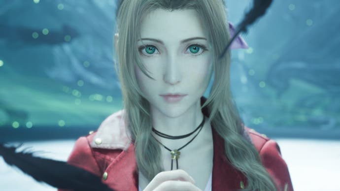 Close up Aerith berdoa dengan bulu hitam di Final Fantasy 7 Rebirth