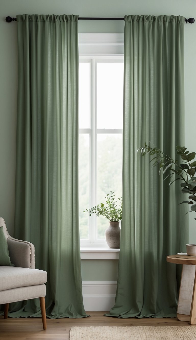 Sage green curtains hang in a serene bedroom, complementing the soft color palette