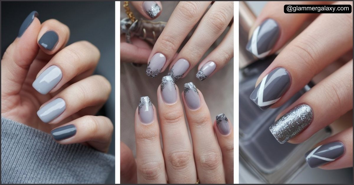 Three images of hands with gray-toned geometric nail art, accent glitter, and jewelry.