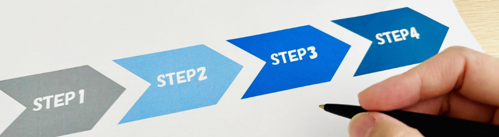  STEP1〜STEP4まで段階的に並ぶ青系矢印フローに、手がペンで示し書き込みを行っている説明資料