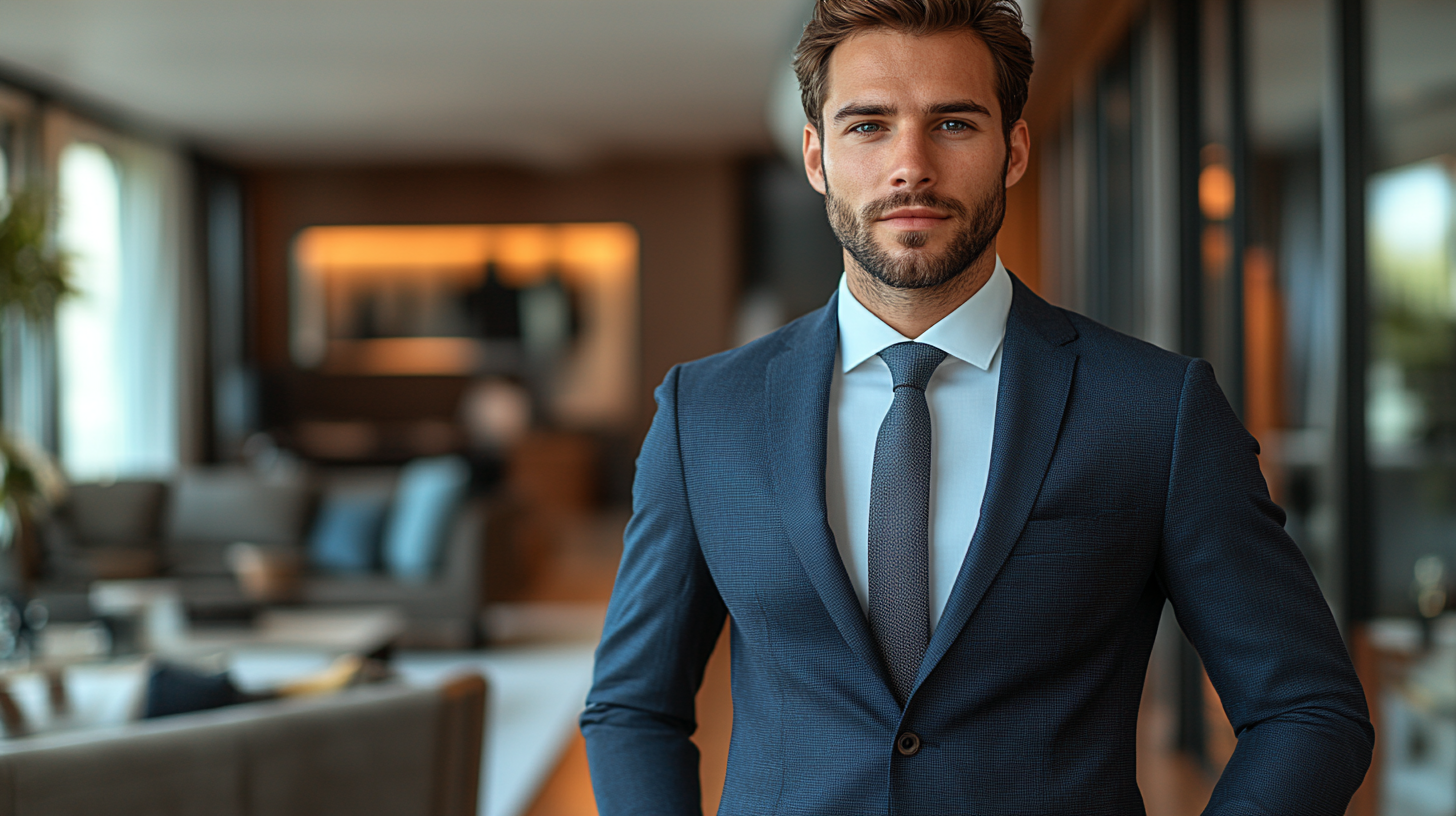 
A professional man wearing a navy blue suit, ready for a job interview. The suit is paired with a crisp white shirt and a simple, classic tie, exuding a confident and trustworthy vibe. The man stands in a modern office environment, showcasing a sharp, polished appearance. The background is clean and professional, emphasizing the importance of dressing for success.