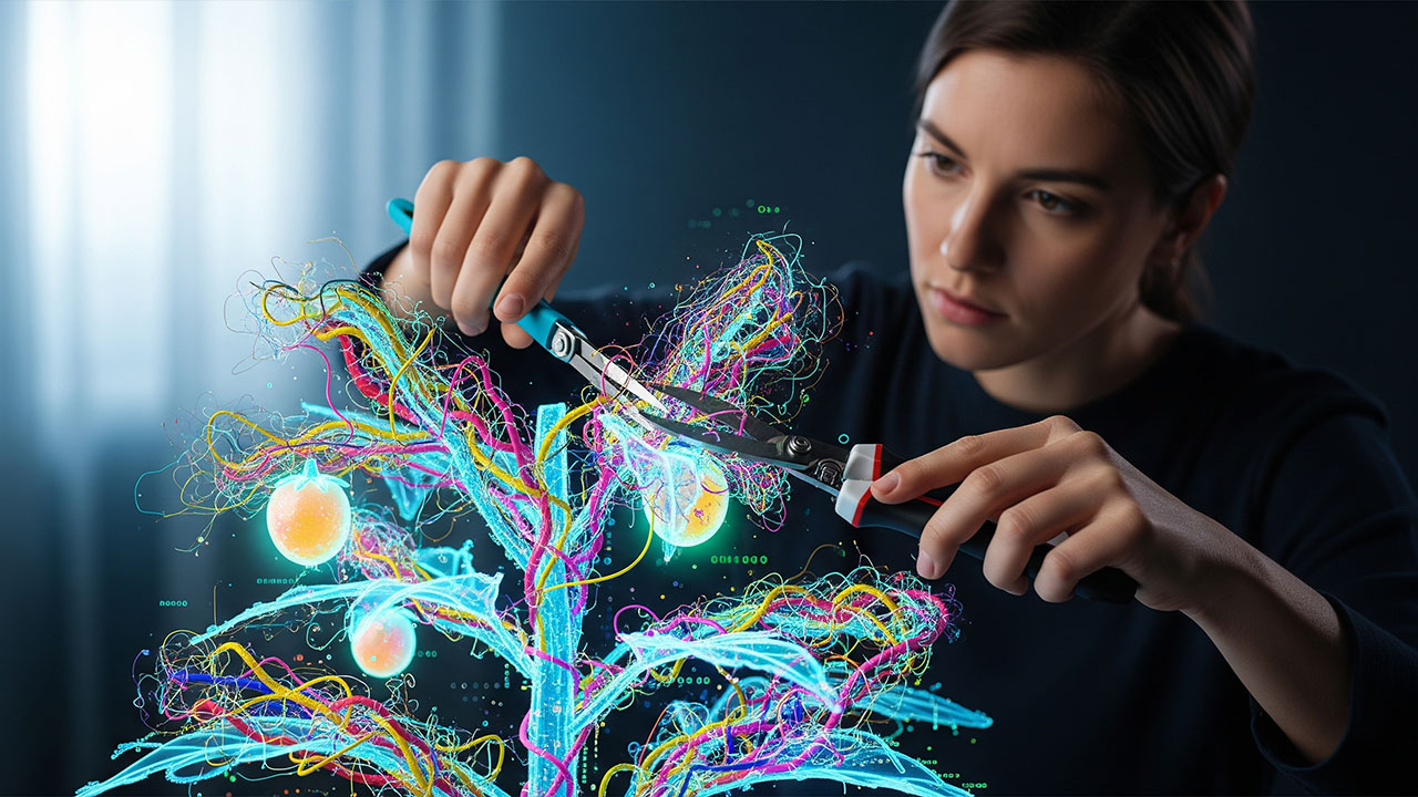 Woman trimming a glowing digital tree symbolizing plugin bloat cleanup in a website system