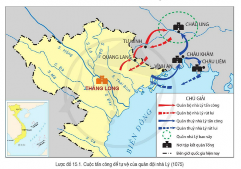 BÀI 15. CUỘC KHÁNG CHIẾN CHỐNG QUÂN TỐNG XÂM CỦA NHÀ LÝ (1075- 1077)1. Chủ động tiến công để tự vệ (1075)Câu 1: Đọc thông tin và quan sát hình 15, lược đồ 15.1, hãy làm sáng tỏ nét độc đáo trong kế sách của nhà Lý khi tấn công sang đất Tống.Đáp án chuẩn:Chủ trương “Tiên phát chế nhân  (tiến công trước để chế ngự kẻ địch). Ông nói: “Ngồi yên đợi giặc không bằng đem quân đánh trước để chặn thế mạnh của giặc