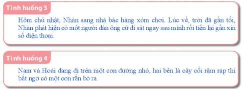 BÀI 2. TỰ BẢO VỆ TRONG TÌNH HUỐNG NGUY HIỂMHoạt động 1: Chia sẻ những tình huống nguy hiểm trong cuộc sốngCâu 1: Chia sẻ những tình huống nguy hiểm mà em biết.Câu 2: Chia sẻ về cách tự bảo vệ bản thân trong các tình huống đó.Đáp án chuẩn:- Bị bám theo: Chạy vào nhà quen hoặc cửa hàng gần đó, gọi người lớn.- Trời mưa, có sấm sét: Về nhà hoặc trú vào cửa hàng gần nhất.- Đi xe đạp: Đi đúng làn, tốc độ vừa phải, không dàn hàng ngang, không nói chuyện khi đi.- Bơi lội trên sông: mặc áo phao, có người lớn để tránh đuối nước.Hoạt động 2: Xác định cách thức bảo vệ bản thân trong một số tình huống nguy hiểmCâu 1: Thảo luận để đưa ra cách tự bảo vệ bản thân trong một số tình huống nguy hiểm.Đáp án chuẩn:- Bình tĩnh, nín thở, nổi dần lên- Nhắm mắt, ngậm miệng, nín thở (bịt mũi).- Thả lỏng, tự biến thành phao.Hoạt động 3: Rèn luyện kĩ năng tự bảo vệ bản thân trong tình huống nguy hiểmCâu 1: Thảo luận đưa ra cách xử lí để tự bảo vệ bản thân trong các tình huống nguy hiểm sau:Đáp án chuẩn:- Tình huống 1: kể chuyện, tâm sự với thầy cô, bố mẹ để có biện pháp khuyên ngăn và giải quyết bất hoà với bạn.- Tình huống 2: ngoan ngoãn đưa chiếc xe đạp cho bọn họ sau đó về nhà kể chuyện với bố mẹ để báo công an, trích xuất camera và tìm ra hai người lạ mặt đó.- Tình huống 3: lập tức từ chối yêu cầu xin số điện thoại của người đàn ông đó và chạy thật nhanh về nhà bác hàng xóm để nhờ bác đưa về hoặc chờ bố mẹ đến đón.- Tình huống 4: bình tĩnh lấy một cây gậy dài để xua đuổi chúng đi xa và chạy thật nhanh ra khỏi khu vực đó.Câu 2: Tranh biện về quan niệm:  Mạng xã hội là nơi thích hợp để tìm ra những người bạn và chia sẻ thông tin, khó có thể có nguy hiểm gì ở đây