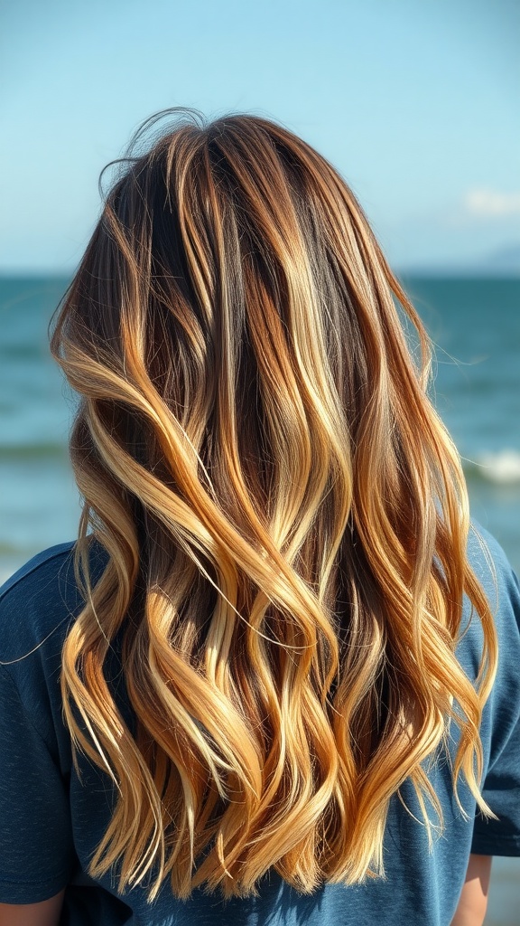A woman with long layered beachy waves, showcasing a blend of warm hair tones against a coastal background.