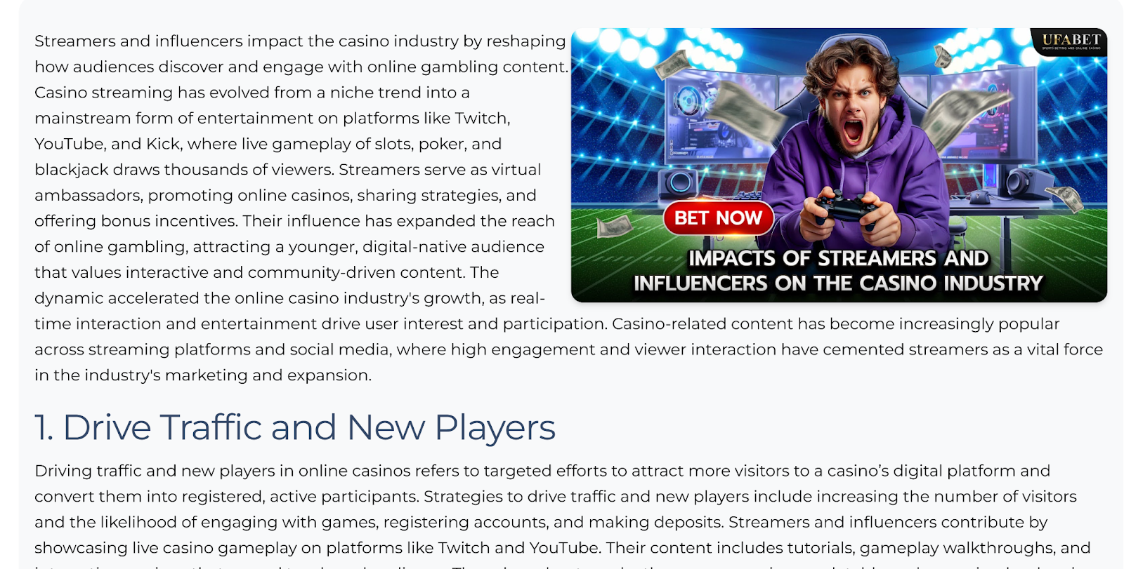 Screenshot of the MollyGram blog showing a post about online casinos
