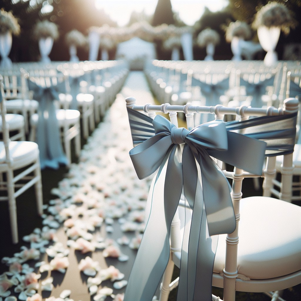 white wedding chair with blue ribbon and flower petals