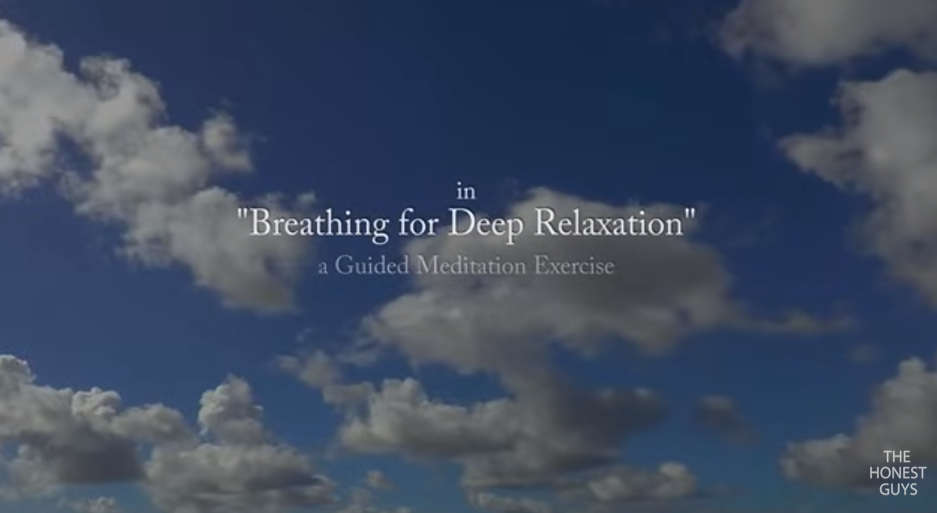 Text overlay on a serene blue sky with clouds background promoting "Breathing for Deep Relaxation" a guided meditation exercise.