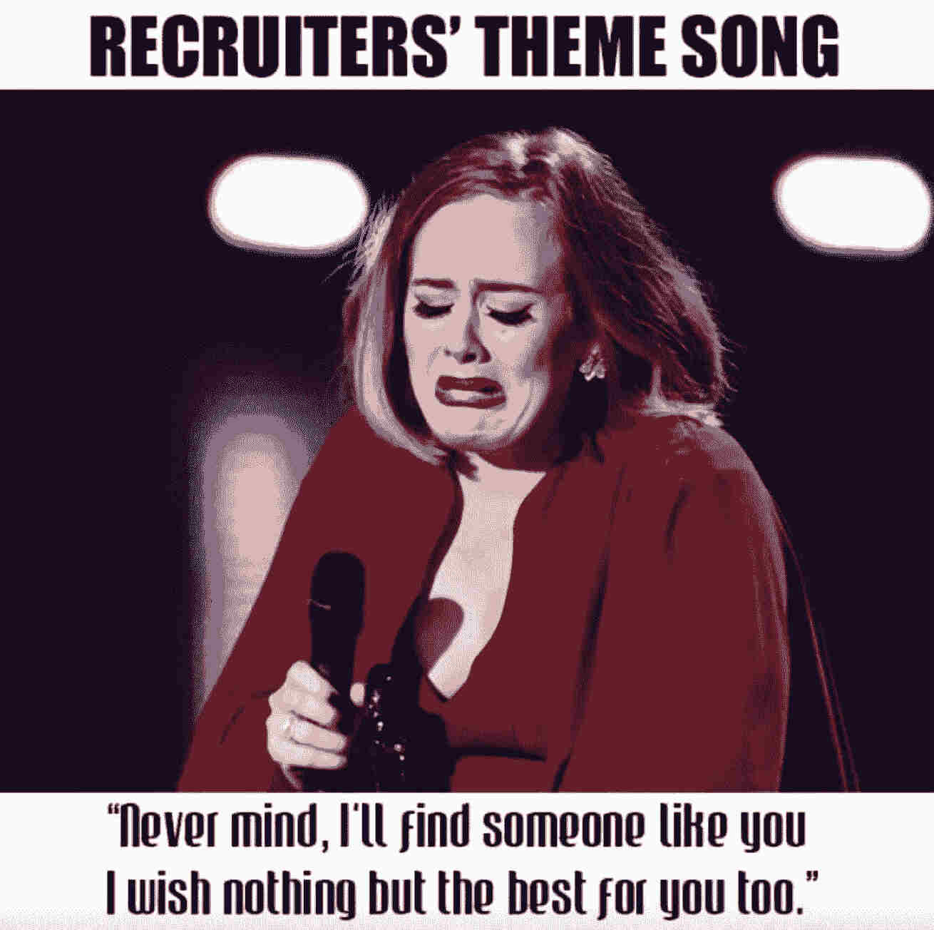 Recruiters theme song "Never mind, I'll find someone like you, I wish nothing but the best for you too." Adele crying singing meme