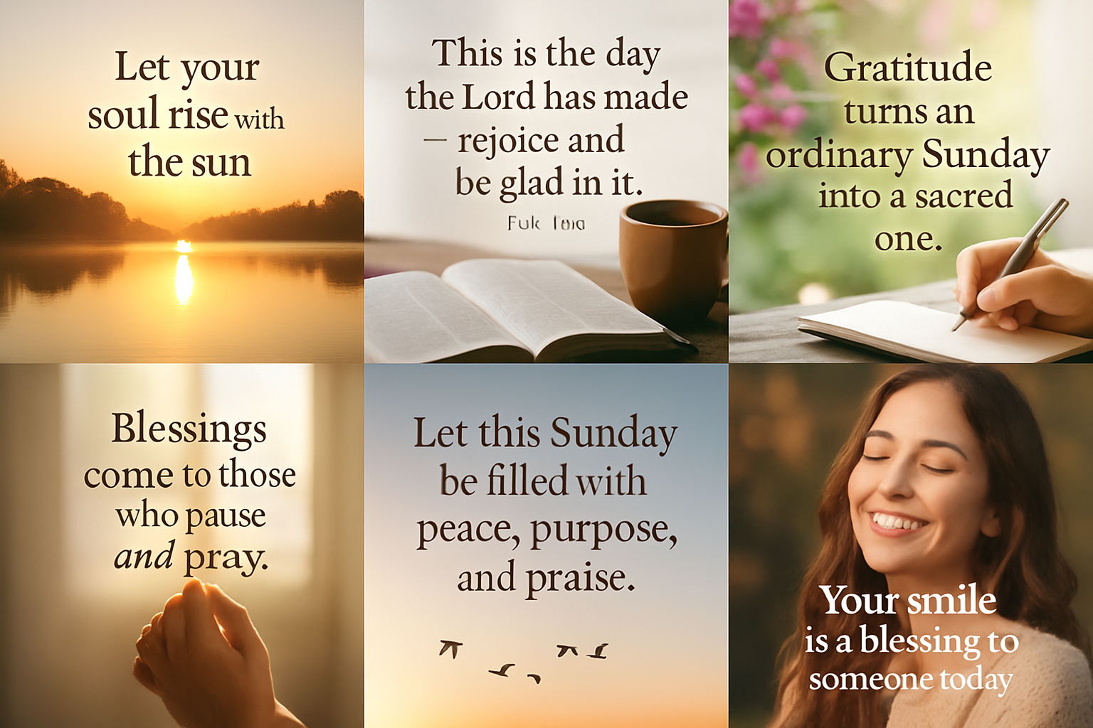 "A beautiful collage of six Sunday morning scenes that inspire peace and gratitude. Each scene should include soft natural light and calming backgrounds: (1) sunrise over a peaceful lake with text 'Let your soul rise with the sun', (2) an open Bible with a cup of coffee and text 'This is the day the Lord has made — rejoice and be glad in it.', (3) a hand writing in a notebook with blooming flowers in the background, with text 'Gratitude turns an ordinary Sunday into a sacred one.', (4) a hand raised toward warm light with text 'Blessings come to those who pause and pray.', (5) flying birds in a sunrise sky with the text 'Let this Sunday be filled with peace, purpose, and praise.', and (6) a smiling woman with eyes closed, soft bokeh background, with text 'Your smile is a blessing to someone today.' Use a warm, golden, uplifting aesthetic."