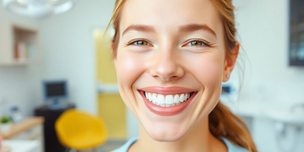 A person smiling with straight teeth in a dental office.