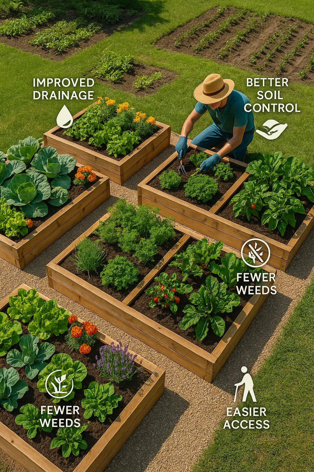 An overhead view of a vibrant backyard garden showcasing multiple raised garden beds made of wood and neatly arranged in rows. Each bed is overflowing with healthy vegetables, herbs, and flowers, in rich, dark soil. Contrast them with flat, in-ground patches in the background that look less organized and less productive. Add visual callouts or icons indicating benefits like “Improved Drainage,” “Better Soil Control,” “Fewer Weeds,” and “Easier Access.” Bright, sunny day with a gardener happily tending one of the raised beds using hand tools. 