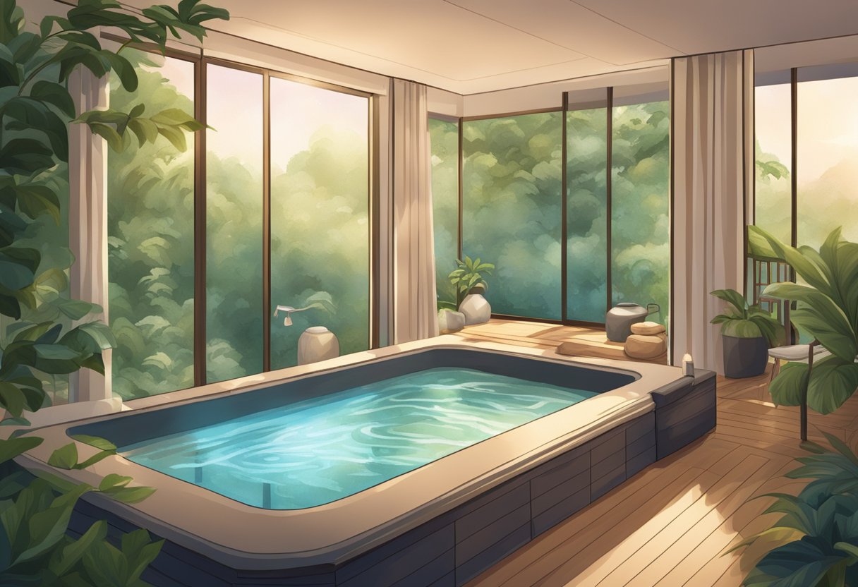 A serene spa room with soft lighting, plush robes, and a bubbling hot tub surrounded by lush greenery and calming music