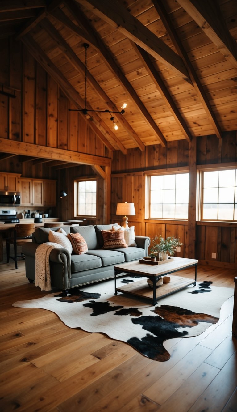 A cozy barnhouse living room with a cowhide area rug, rustic decor, and warm lighting