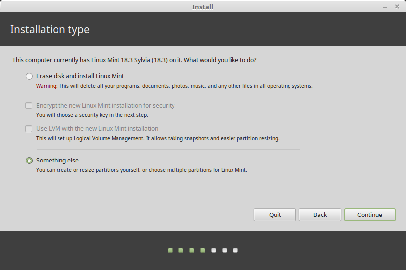 For advanced users, you can manually create partitions to install linux mint.