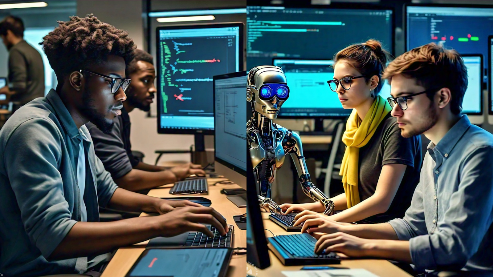 Image of a team of coders collaborating with the help of an AI Code Assistant.