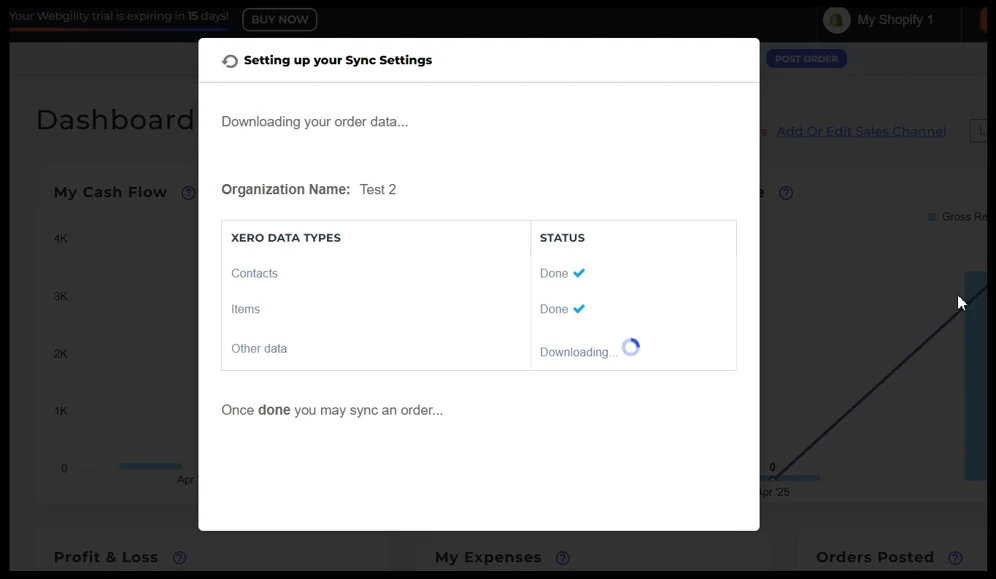 Image displaying Webgility configuring sync settings