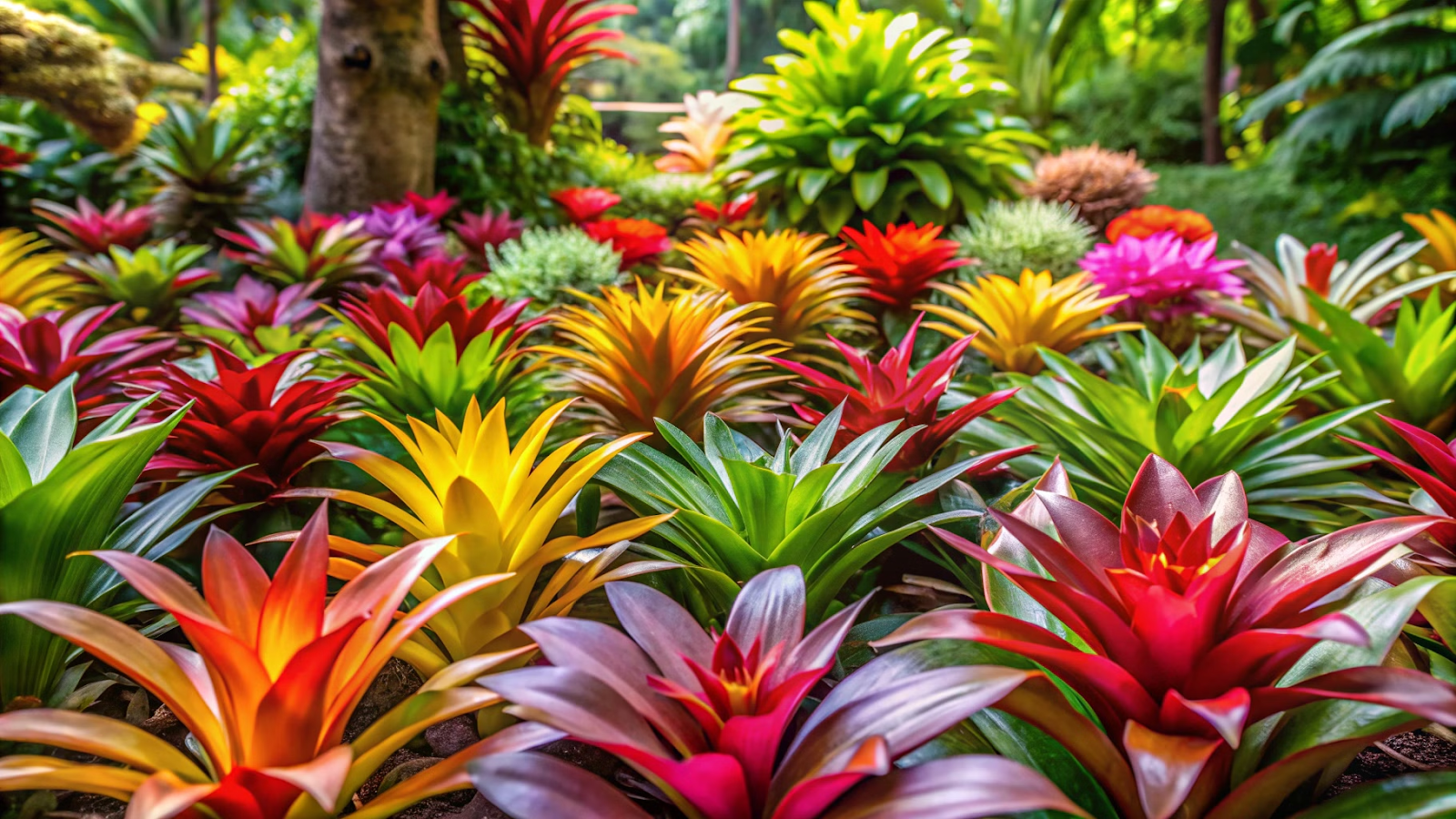 Várias bromélias em um jardim capturadas de ângulo baixo com luz natural ao meio-dia.