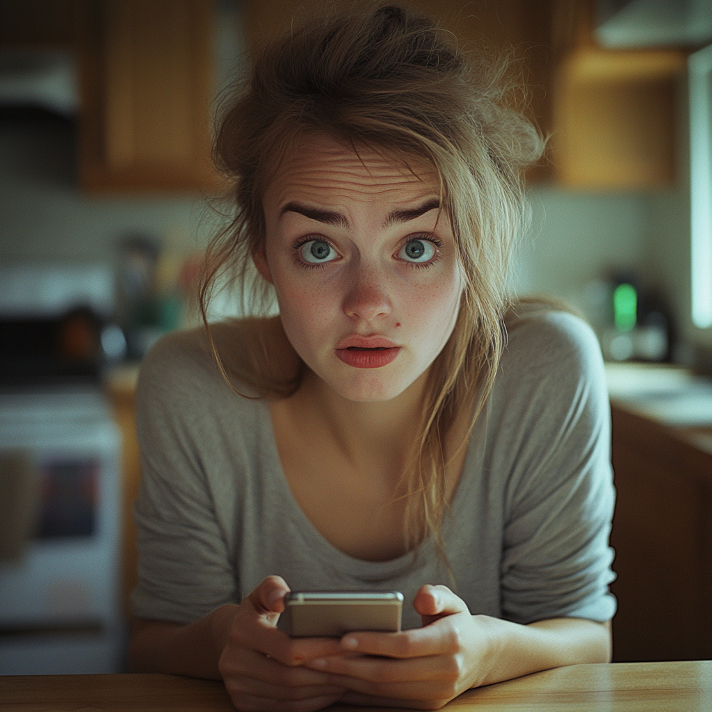 A shocked woman holding a phone | Source: Midjourney