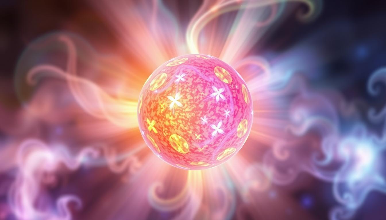 An image of a glowing orb pulsating with vibrant colors, surrounded by swirling energy and rays of light, evoking a sense of positivity and radiance.