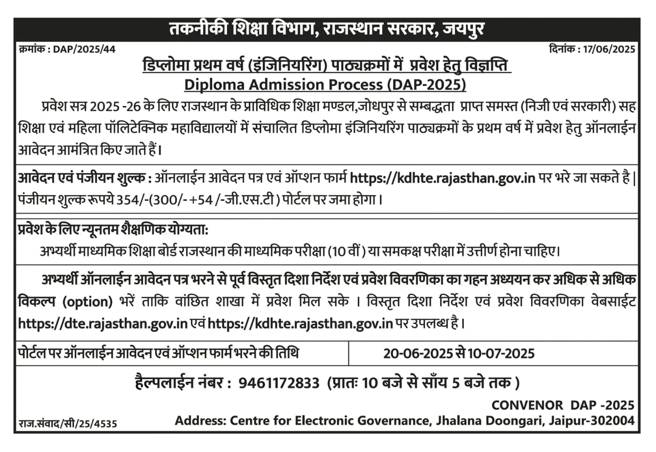 Rajasthan Polytechnic Diploma Admission 2025 Notification