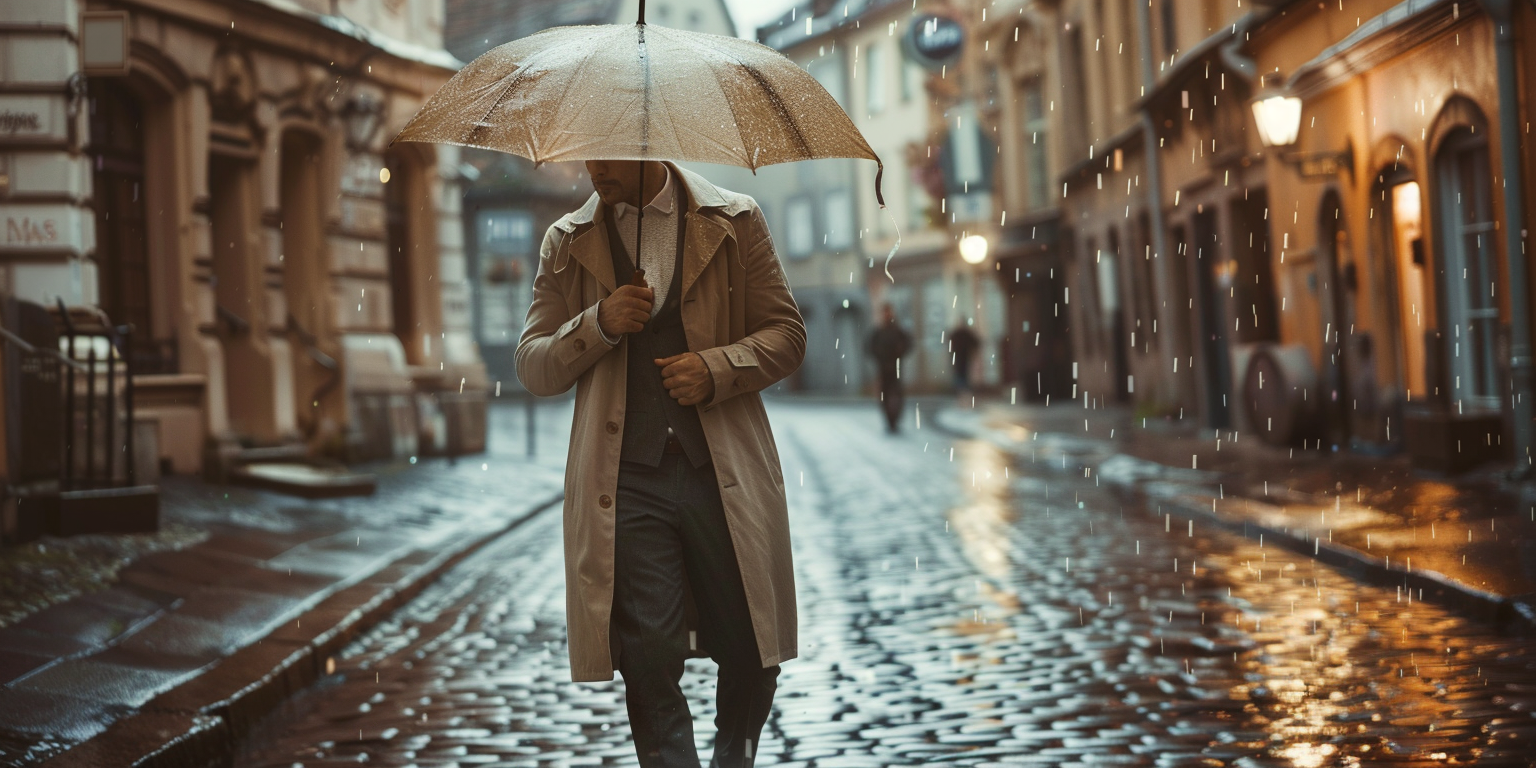 a man in a beige trench coat over a suit, walking in the rain with an umbrella on a cobbled city street, soft cinematic lighting, timeless elegance