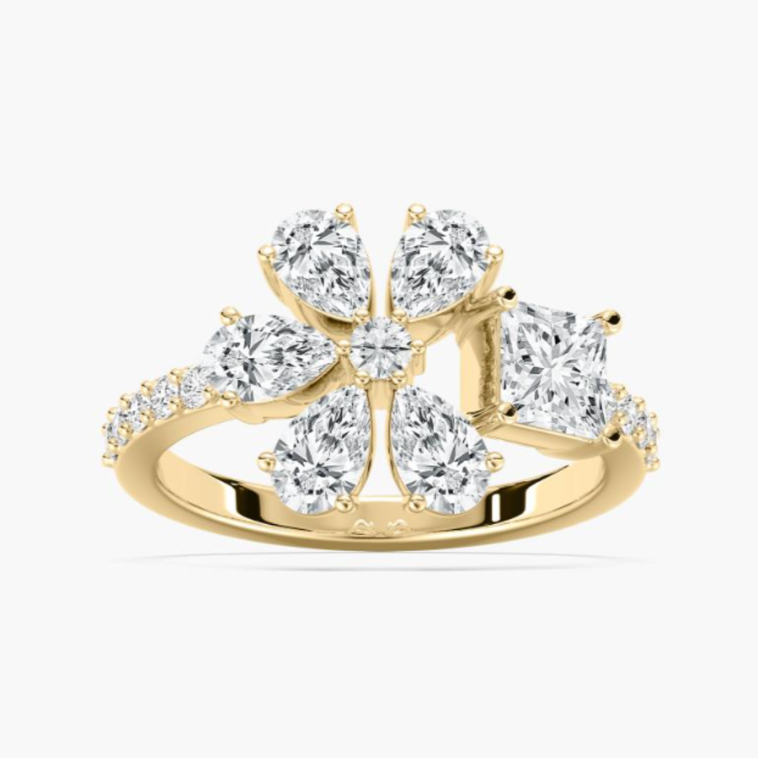 Lab-grown diamond custom design engagement ring made with yellow gold.