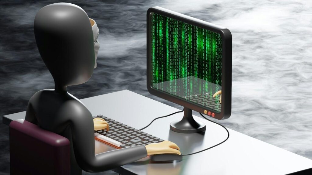 a guy looking at computer that is filled with codes and is about phone scams
