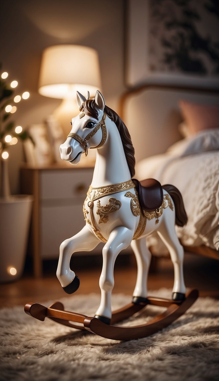 A vintage rocking horse sits in a luxurious kids' bedroom, surrounded by elegant decor and soft lighting