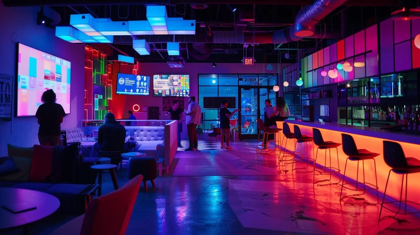 a vibrant co-working space in playa hermosa buzzes with diverse professionals collaborating on branding projects, surrounded by digital screens displaying cohesive design elements and marketing strategies, accentuated by modern furnishings and dynamic lighting that highlight the synergy of teamwork.