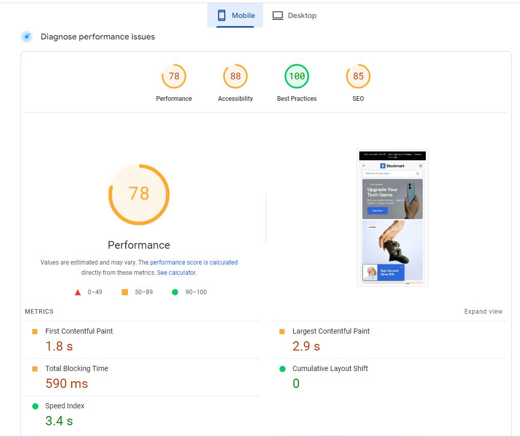 Speed ​​of Shopify Stockmart Theme on Mobile