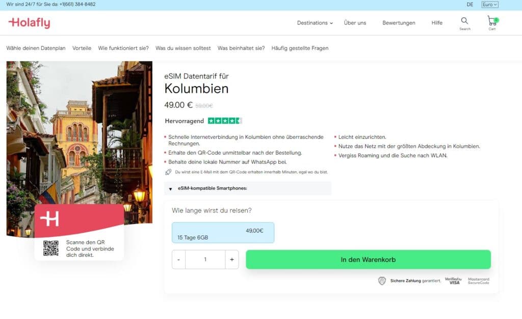 eSIM Karte Kolumbien Online Shop Holafly