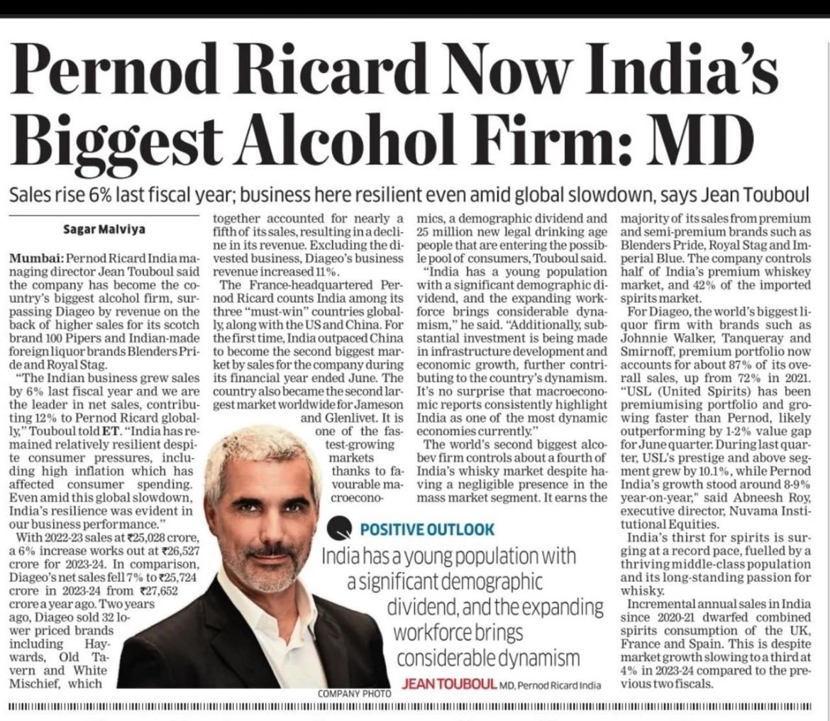 Pernod Ricard Surpasses Diageo to Become India's Biggest Alcohol Firm: MD Jean Touboul 26