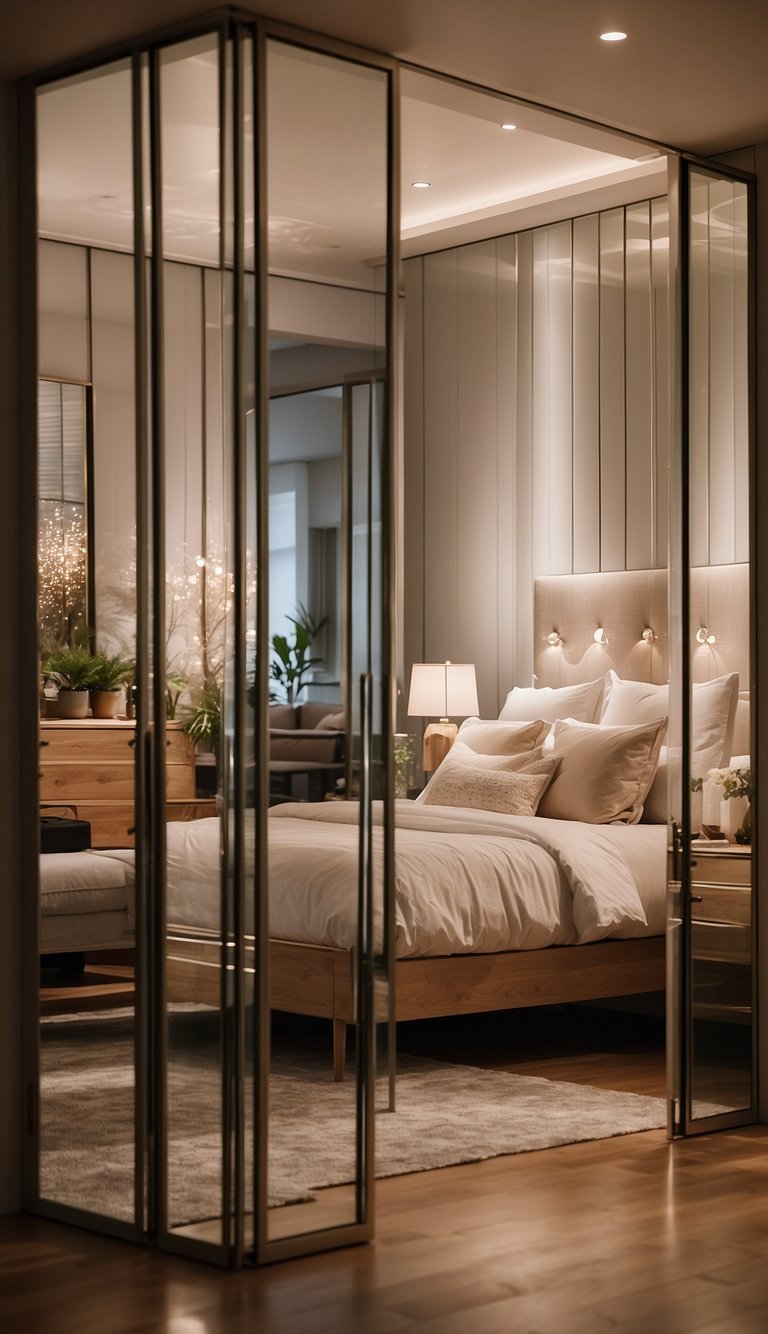 The mirrored closet doors reflect a cozy bedroom with warm lighting, a comfortable bed, and romantic decor for couples