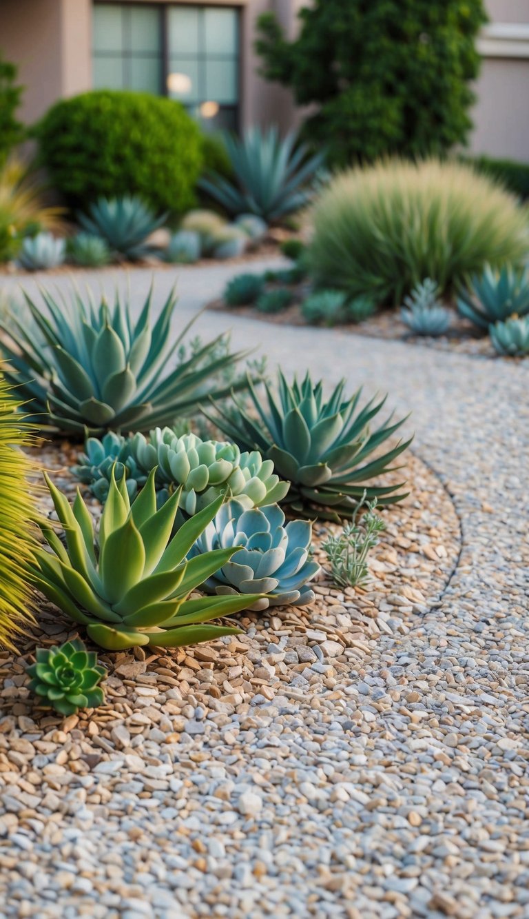 A winding gravel path meanders through a front yard adorned with drought-tolerant plants and succulents, creating a serene and low-maintenance landscape