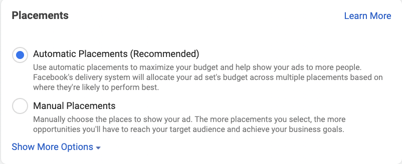 Choose between automatic and manual placements at the ad set level