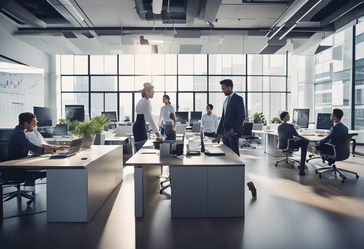 A bustling office space with a team of workers strategizing and collaborating, surrounded by charts and graphs showing significant growth over 90 days