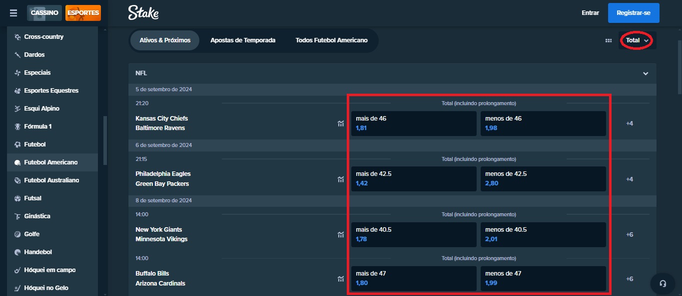 apostas em totais NFL Stake